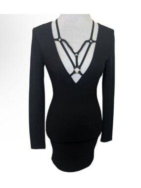 Nude Apparel Dress Sz S Bodycon Harness Mini Edgy Gothic Black Silver O Ring